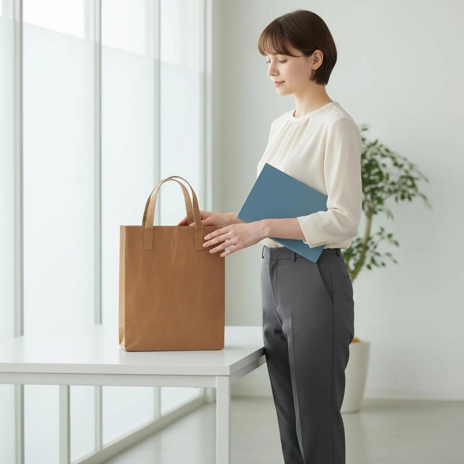 재사용 가능한 크라프트 종이 가방 대용량 갈색 종이 토트백 친환경 핸드백 찢어짐 방지 방수 사무직원용