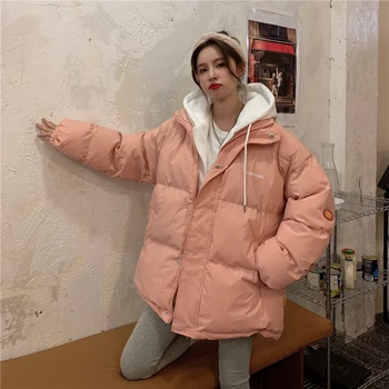 women Winter Warm Cotton Coat Solid Hooded Collar Pockets Decoration Windbreak Loose Thick Casual Ladies Jacket High Quality 1