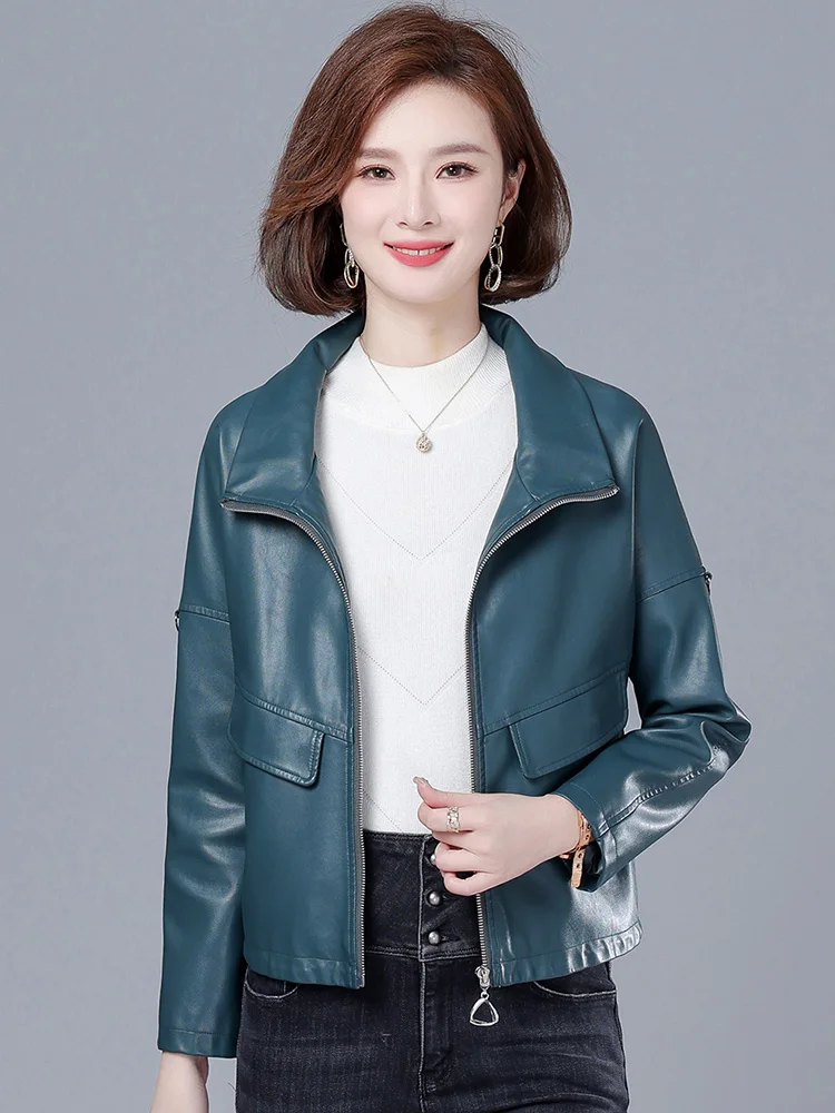 New Women Sheep Leather Jacket Spring Autumn Fashion Stand Collar Casual Loose Split Leather Outerwear Short Leather Coat