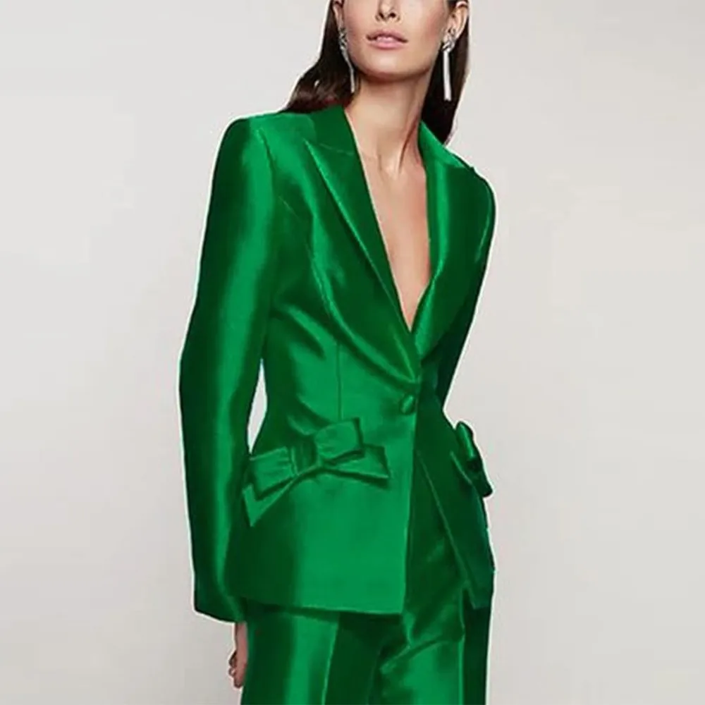 Traje de satén de diseñador para mujer, esmoquin de boda con lazo - Main Image