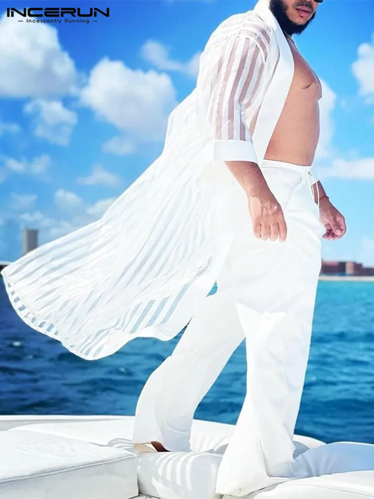 

INCERUN 2023 Oversized Shirts Fashion Men's Summer Tops See-through Mesh Male Short Sleeve Leisure Striped Printing Blouse S-5XL