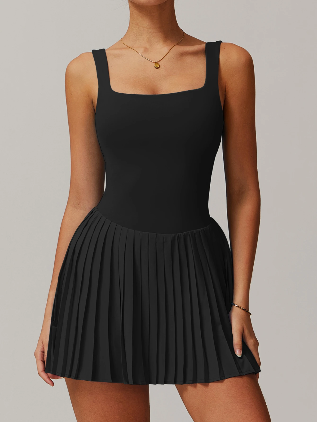 Fake Two Tennis Dresses Women's Solid Color Sports Yoga Dress Anti-exposure Liner Shorts High Waist Pleated Skirt with Pocket