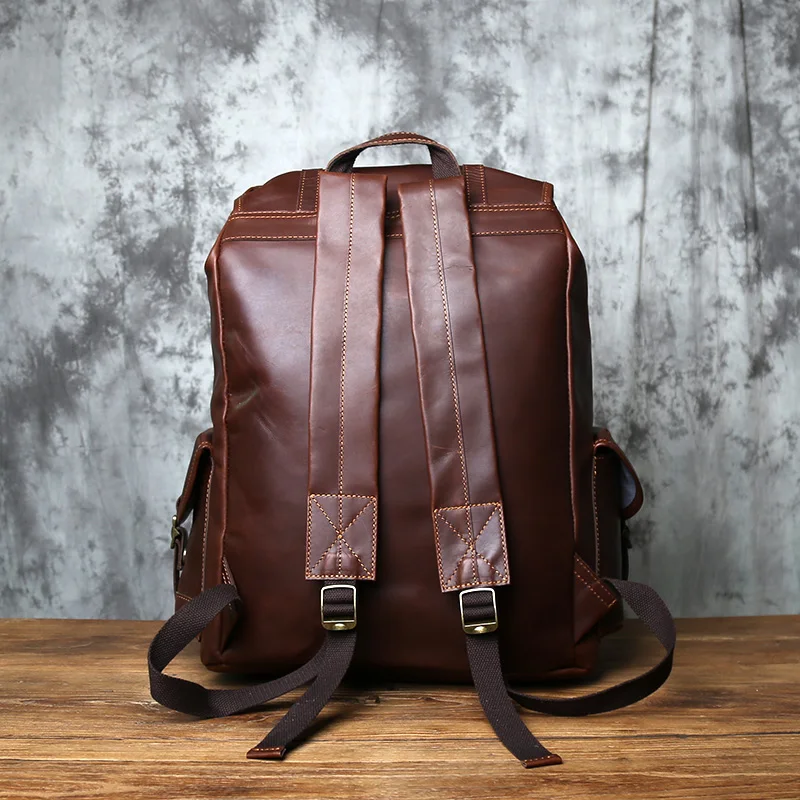 NZPJ Vintage Genuine Leather Men's Backpack Crazy Horse Leather Backpack Natural Cowhide Parachute Bag  Large Capacity Laptop