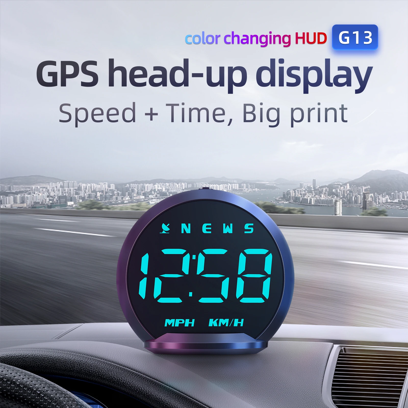 7색 GPS 속도계 G13 헤드업 디스플레이, 자동차 계기판용 범용 디지털 GPS HUD (km/h 속도, 피로 운전 경고 기능 포함)