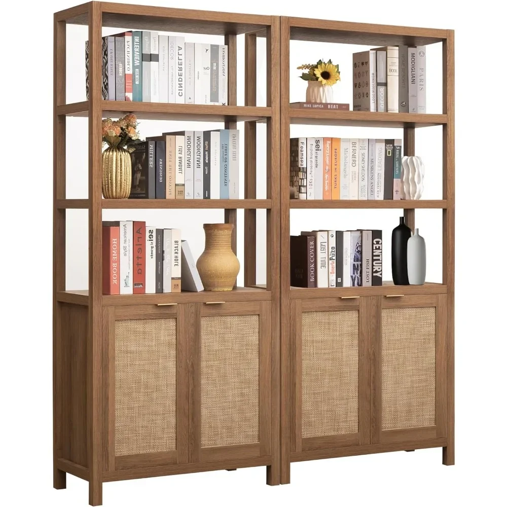 

Bookshelf 5 Tier Book Shelf Rattan Boho Tall Bookcase Doors Storage Wood Shelves Large Bookshelves Farmhouse Bookcases Oak 2PCS