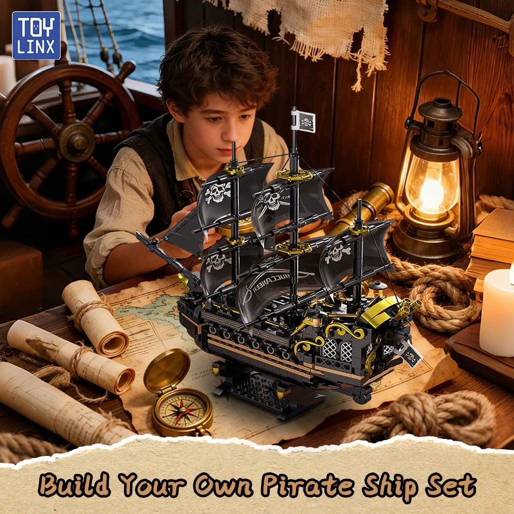 Geheimnisvolles Piratenschiff-Bausteinmodell in Schwarz-Gold-Farbschema, 3D-Puzzle-Herausforderung, Sammlerstück Marineschiff, Fördert Kreativität und Fähigkeiten