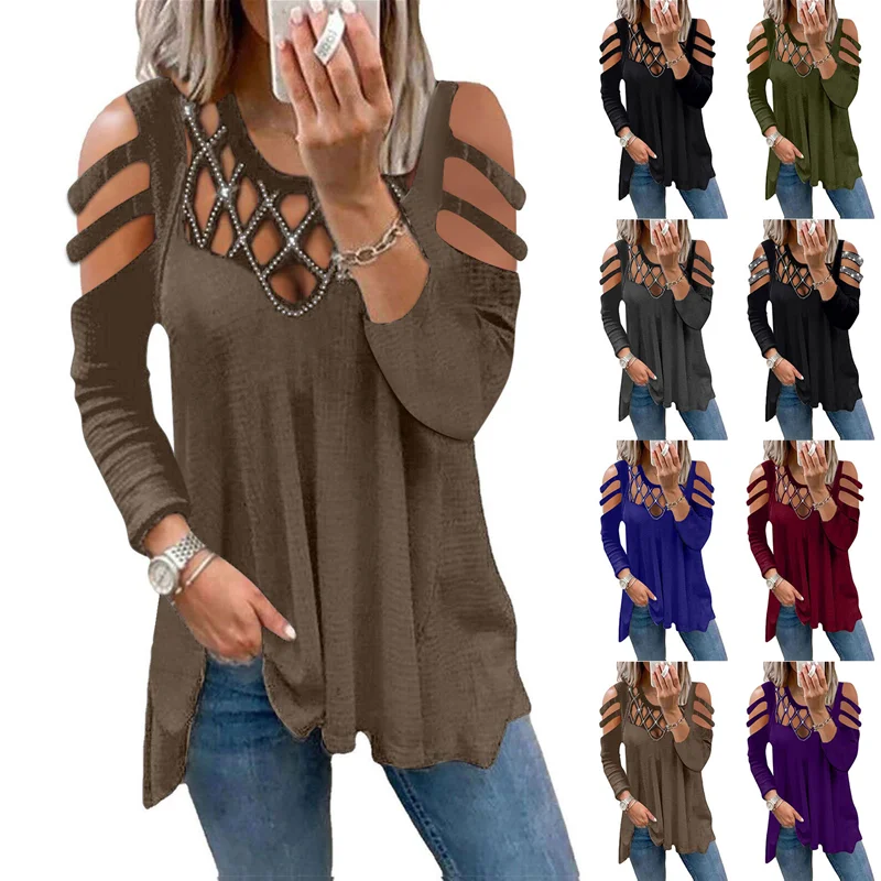 

Autumn And Winter New Women's Fashion O-Neck Loose Strapless T-Shirt Solid Color Long-Sleeved Plus Size Sexy Hollow Casual Top
