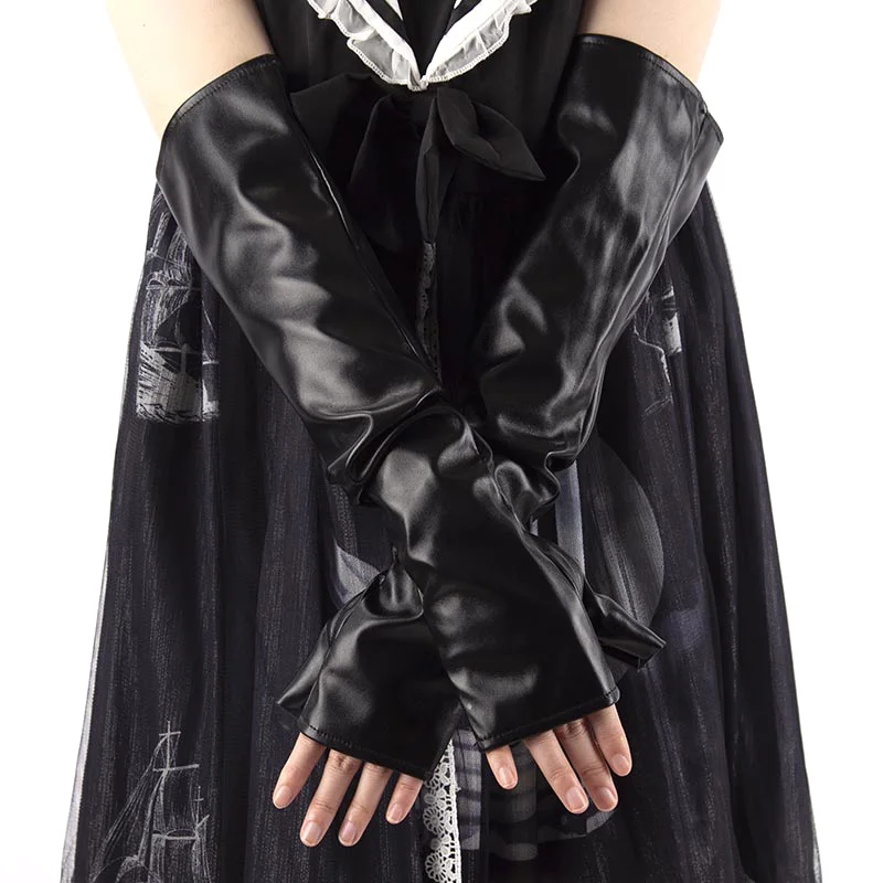 Black PU Leather Long Fingerless Gloves Punk Rock Dance Gloves Women Hip Pop Jazz Disco Mittens Clubwear Cosplay Accessories