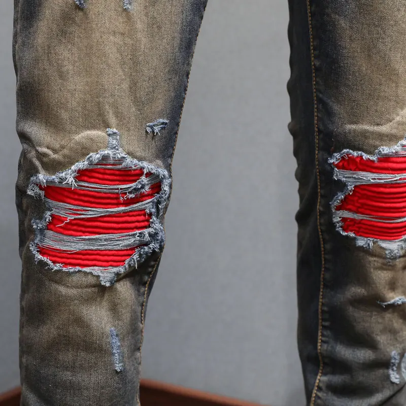 Latest Street Fashion Men's Jeans Split Vintage Black Blue Elastic Tight Jeans Men's Red Patch Designer Hip Hop Brand Pants Homb