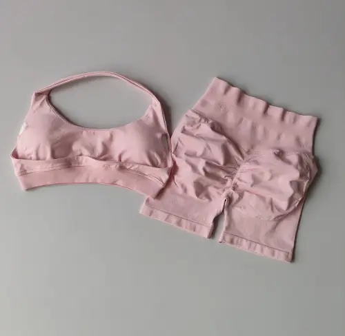 Sexy Halter Neck Beautiful Back High Waist Peach Sports Bras Shorts Suit Pilates Gathering Yoga Vest Training Fitness Bra Sets - Image 7