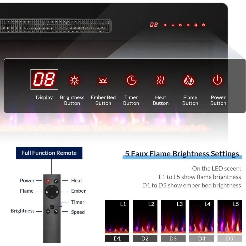 Electric Fireplace, Heater with Adjustable Flame Color and Brightness, Touch Screen, Recessed & Wall Mounted Electric Fireplaces 4