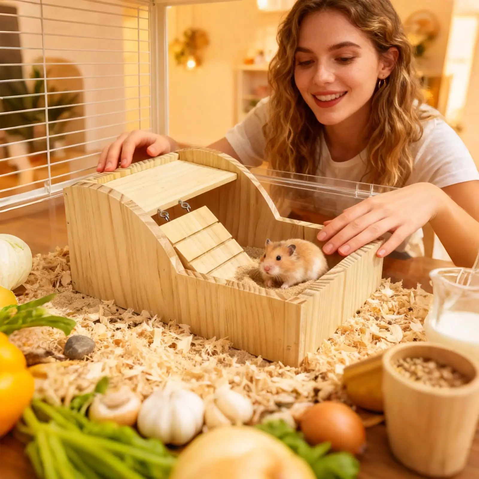 Hamster Sand Bath Container Wooden With Ladder Container Hamster Bathtub Toilet For Enrichment Pet-Care Comfort Home Cage