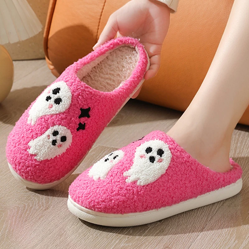 Cartoon Ghost Cotton Slippers for Women 2025 Light Round Toe Halloween Women's Slippers Faux Fur Warm Plush Home Slides Woman