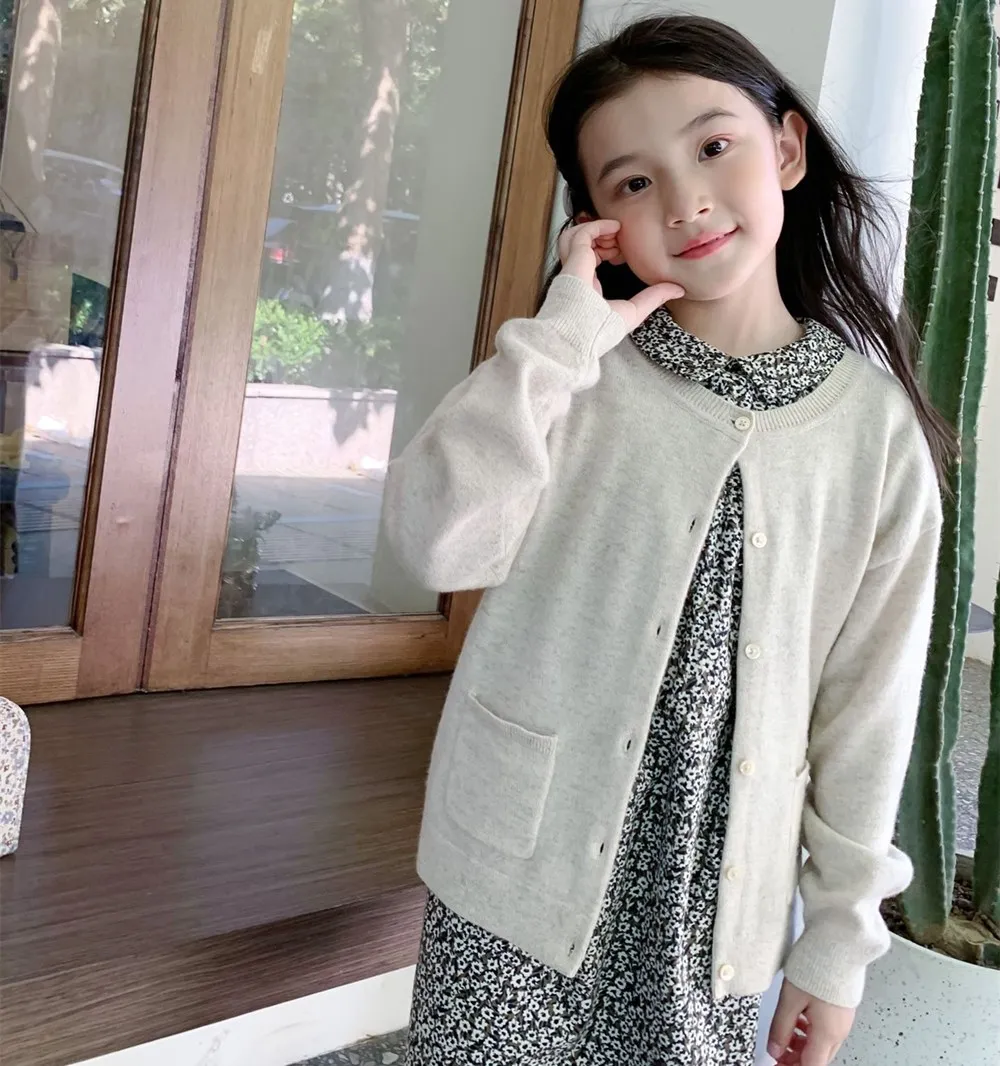 

Autumn kids outerwear coat baby girls clothes 100% wool High quality wool knitted cardigan solid color thin girl's coat