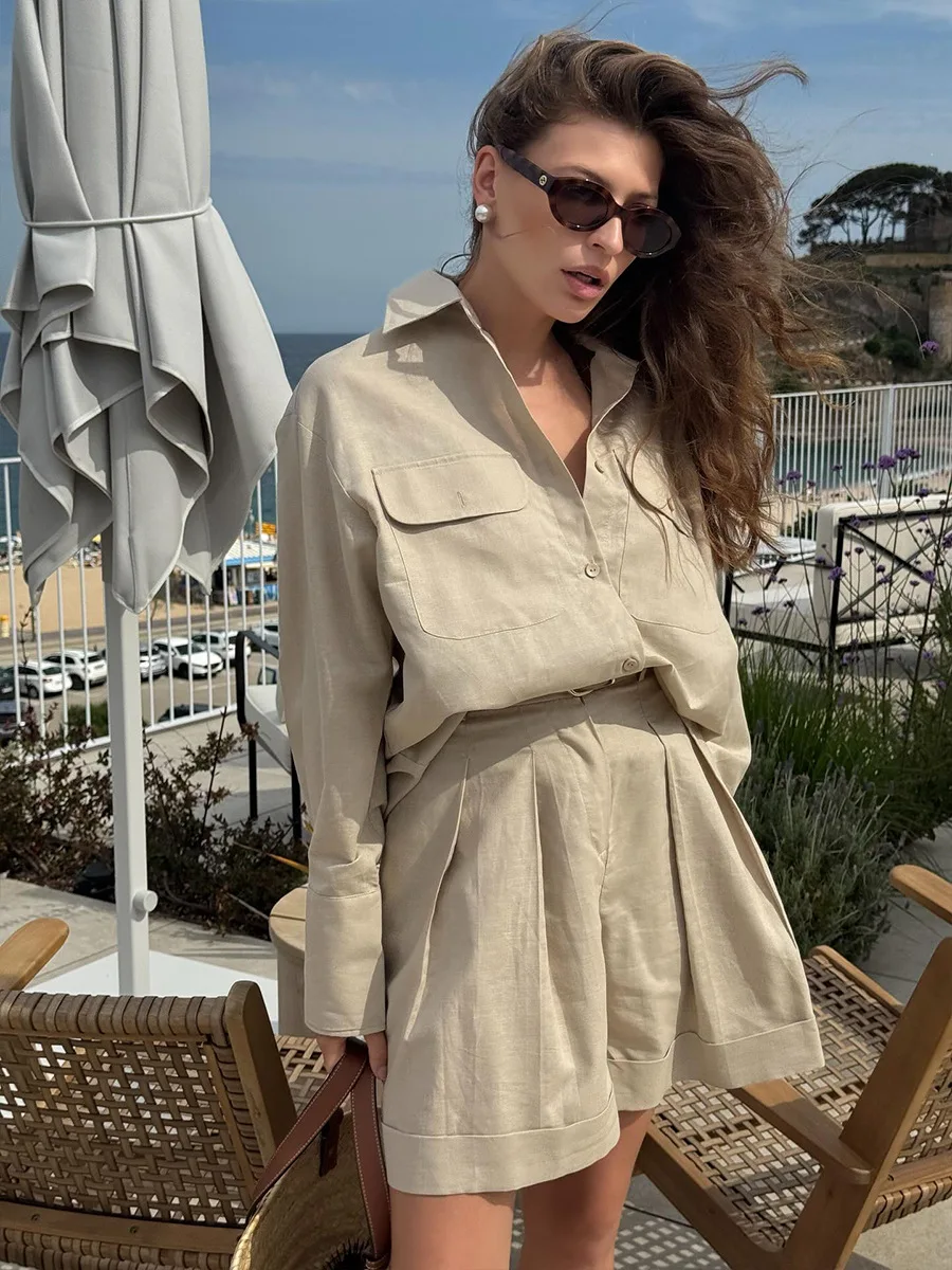 Bornladies Summer Women's 100% Cotton Long Sleeve Shirt Shorts Set Loose Breathable Fashionable Casual Outfit For Women