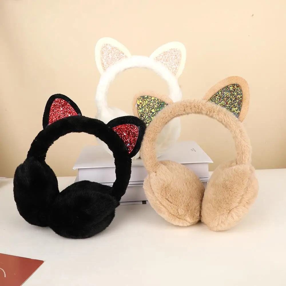 Cache-oreilles Chat Paillettes Enfants - 2 Pièces Réglables - Doux Chauds Hiver Automne Printemps