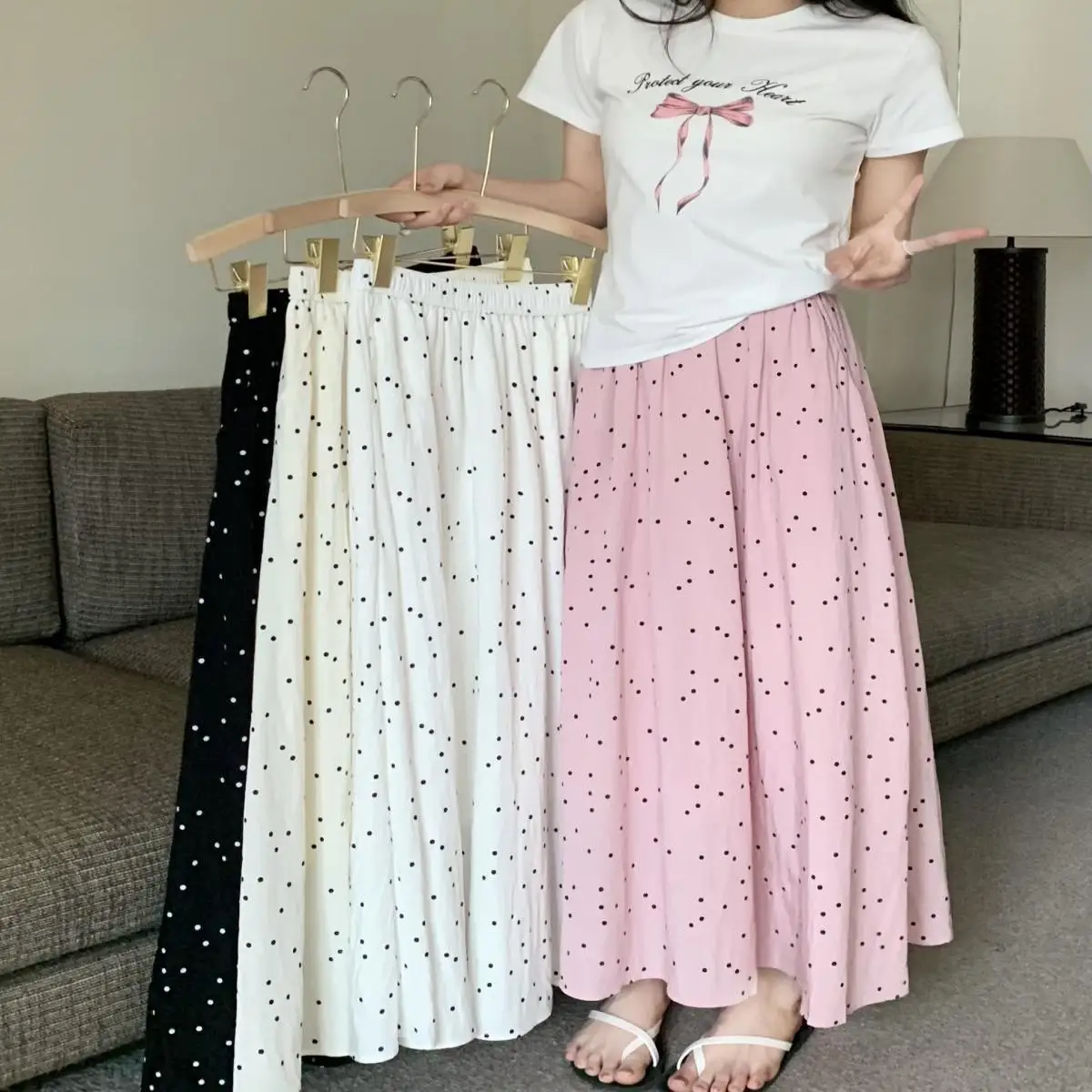 

2024 Women Summer Fashion Polka Dot Print Skirt Female New Elastic Waist A-line Skirts Ladies Loose Big Swing Skirts B234