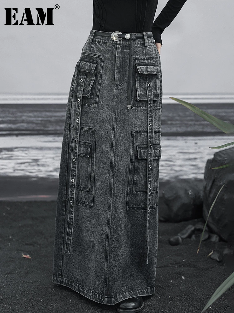 

[EAM] High Waist Black Denim Big Pockets Ankle-length Cargo Skirt Loose Fit Women Fashion Tide New Spring Autumn 2024 1DH4164