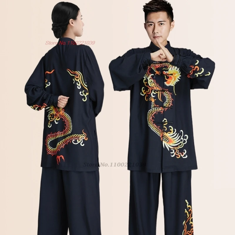 chinese vintage tai chi wushu kungfu tops+pants set martial arts tai chi national dragon print uniform team performance set