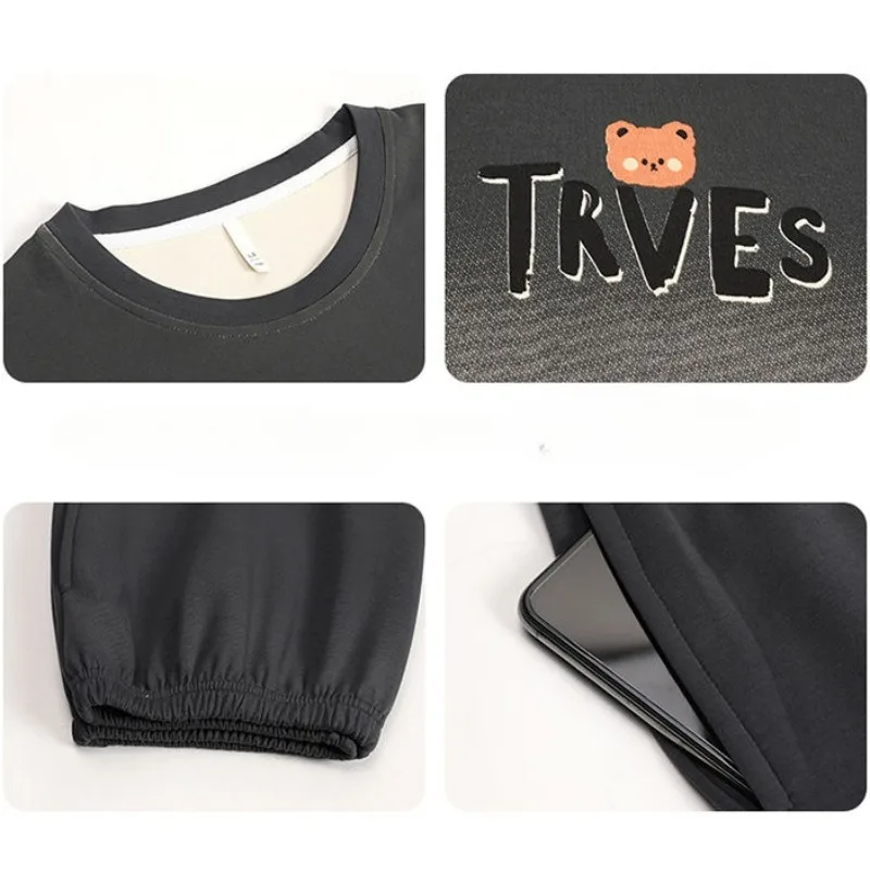 Sleepwear Men Spring Autumn Cotton Long-Sleeved Trousers Round Neck Pajamas Set Cartoon Youth Large Size Fashion Homewear Suit