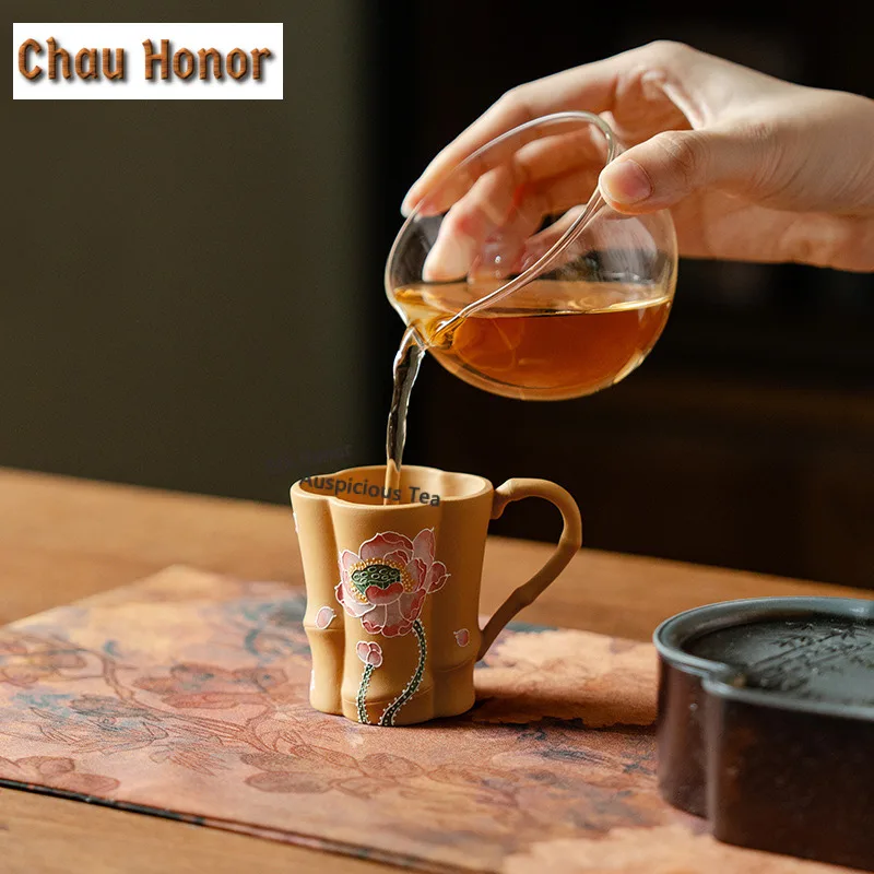90ml Hand-painted Lotus Flowers Zisha Teacup Tea Bowl Beautiful Handle Cup Tea-tasting Meditation Cup Jianzhan Master Cups Gift