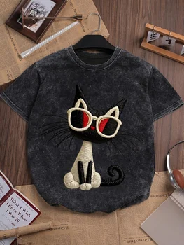 2D Fun Knitted Kitten Print T-shirt Vintage Washed Short Sleeves Cotton Large Loose Top 2026 Fashion Apparel
