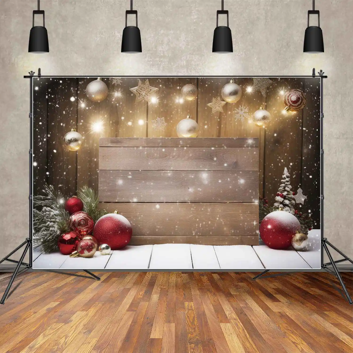 Moon.Qg Photography Fondale Decorazioni Natalizie Red Gold Stars Balls Pine Plank Wall Board Sfondo Puntelli Per Feste Photo Booth