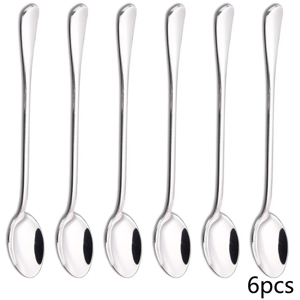 Stainless Steel Spoon 6PC Stainless Steel Coffee Spoon Long Handle Ice Cream Dessert Tea Spoon 19.5x2.8cm For Picnic Drinkware Tableware KitchenSupply