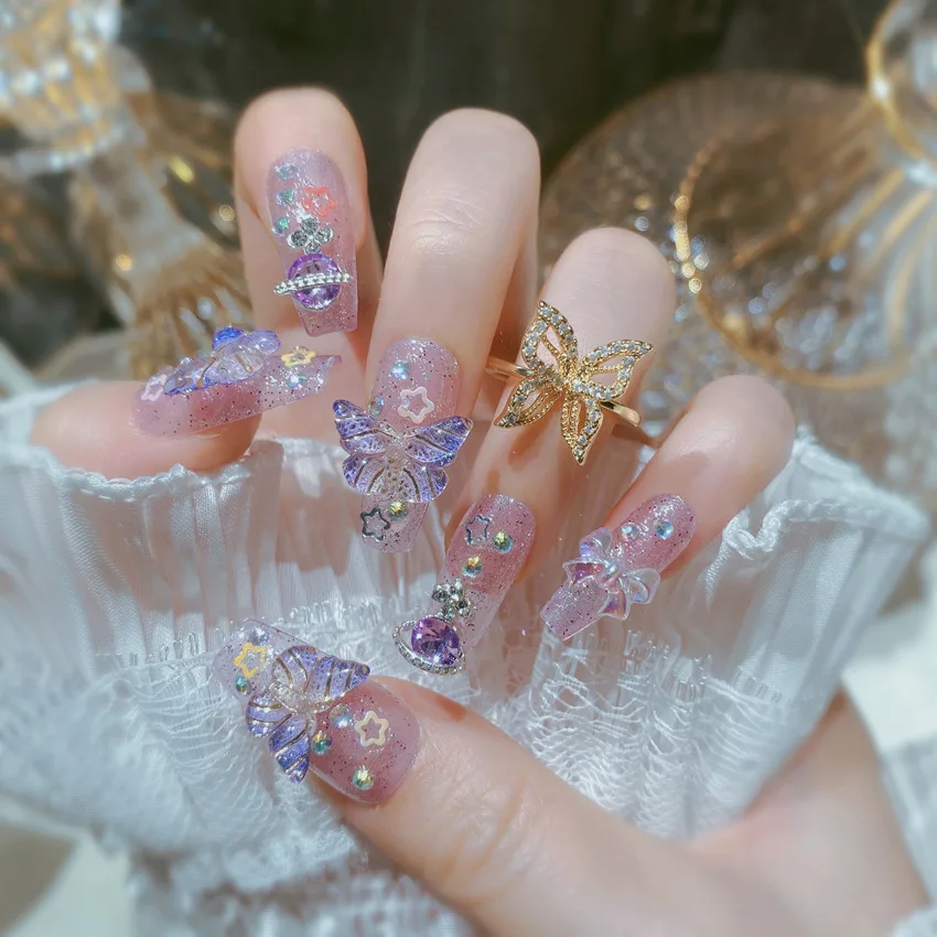 3D 퍼플 그라데이션 나비 발레리나 가짜 손톱, 오로라 활 디자인, 스위트 네일 아트 세트, 파티 댄스 및 데일리 웨어, 24 개