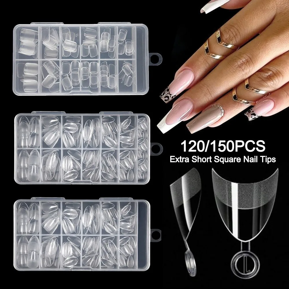 120/150PCS Short Square Nail Tips Half Matte Clear Fake Nails Extension Tips Pre-Shaped False Nails