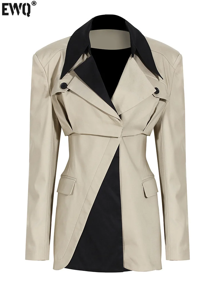 

[EWQ] Loose Fit Two Ways Wear Irregular Jacket New Lapel Long Sleeve Women Coat Fashion Tide Spring Autumn 2023 Khaki Outerwear