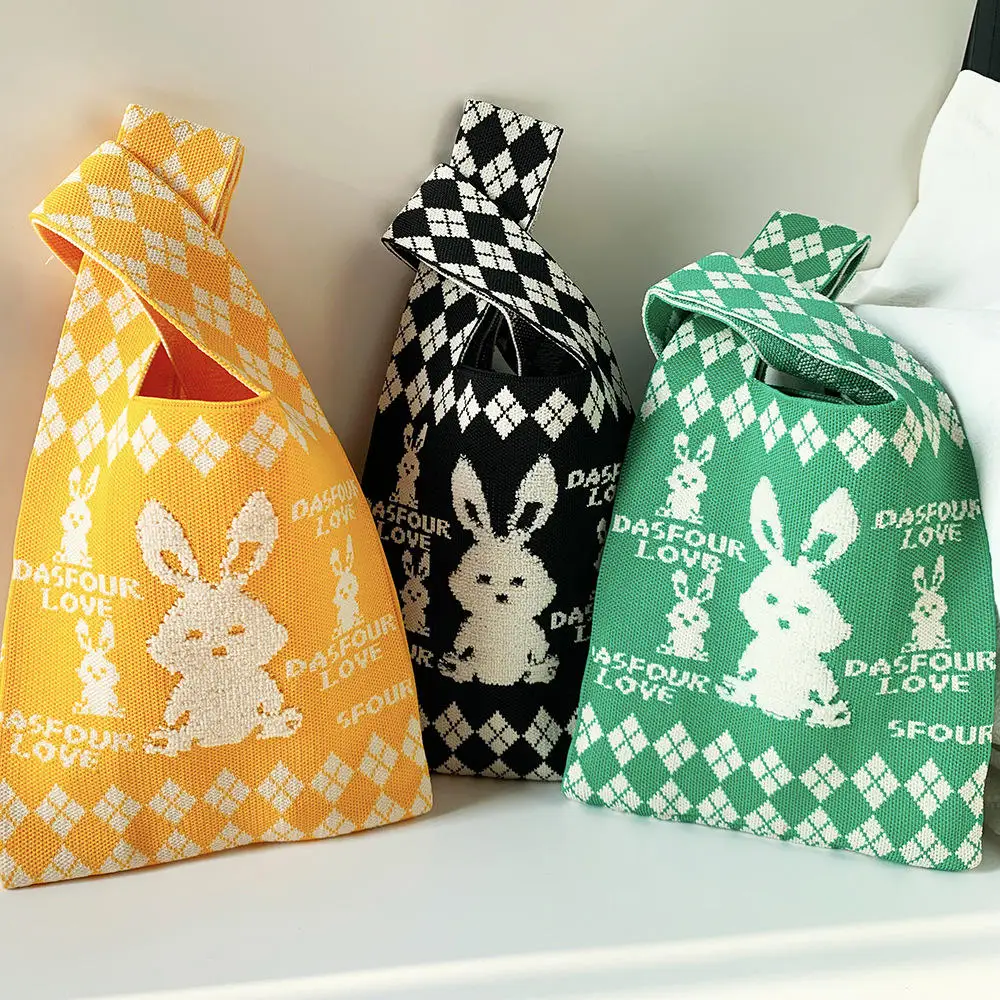 

Handmade Knit Handbag Women Mini Knot Wrist Pouch Japanese Casual Color Wide Stripe Plaid Tote Bag Student Reusable Shopping Bag