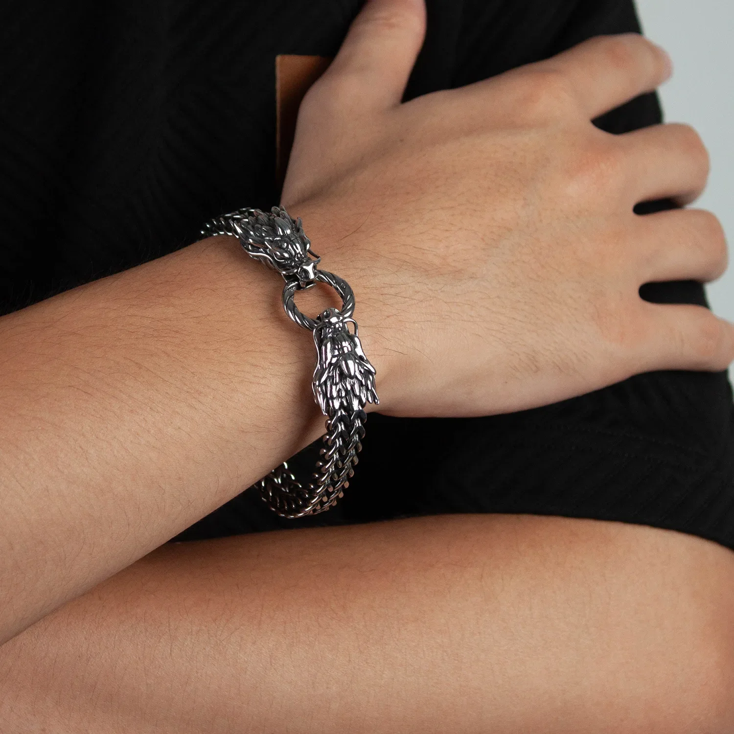 CHUANGCHENG Dragon Bracelet Viking Silver Stainless Steel Woven Mesh Chain Cuff Bracelet for Men's Fashion Punk Jewelry