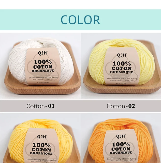 QJH 100% Organic Cotton Yarn - Eco Friendly Crochet and Knitting Yarn -  Cotton Baby Sport Weight Yarn - 1.76oz/136yards/1Pcs