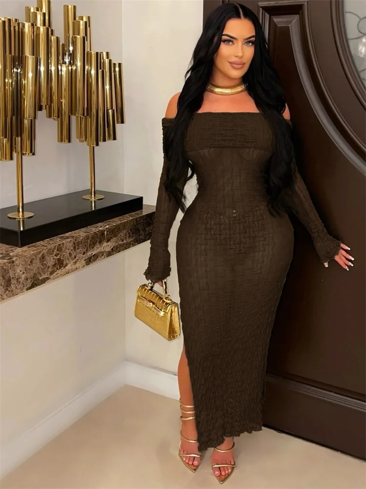 Wmstar Women Dress Summer Sexy Perspective Slim Fashion Nightclub Style Slash Neck Long Sleeve Perspective Knitted Slit Dresses