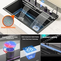 Stainless Steel Dual Waterfall Kitchen Sink Honeycomb Modern Kitchen Sink Single Bowl Digital Smart Sink with Soap Dispenser 2