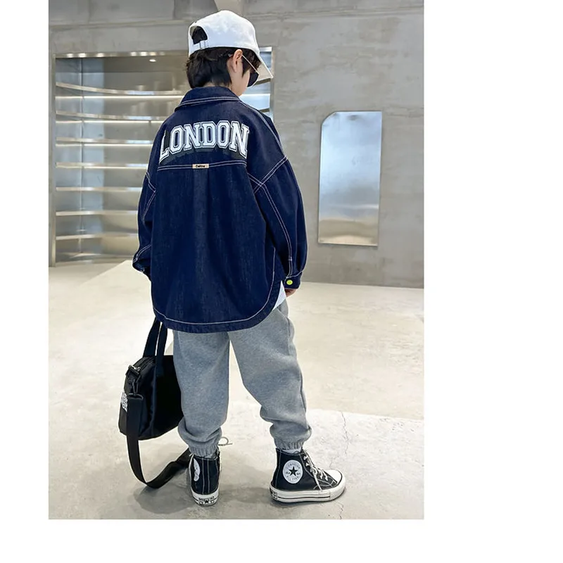 

2023 New Fashion Jeans Shirts for Kids Spring Turn-down Collar Fall Clothes for Toddler Boys Cotton Children Denim Tops 5-14 Yrs