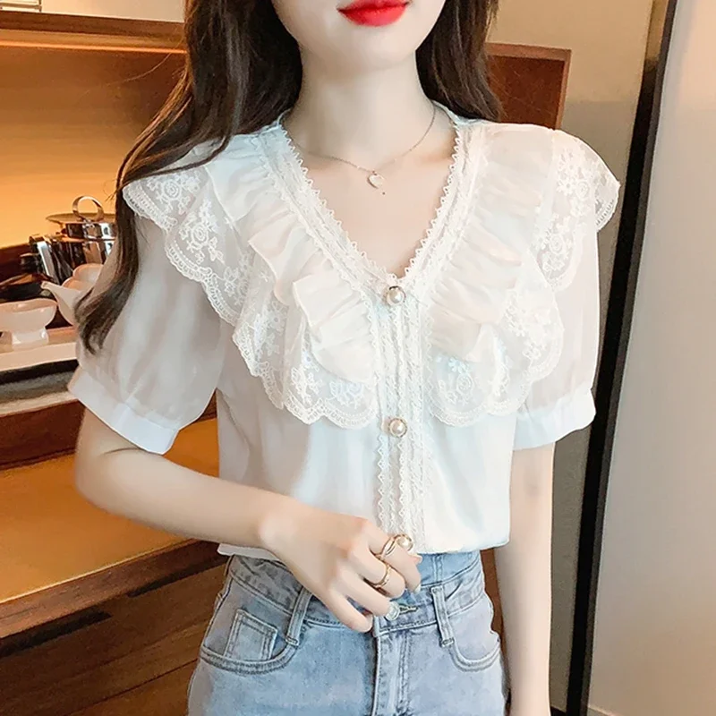 Summer Chiffon Lace Blouses Women 2024 Elegant Fashion White