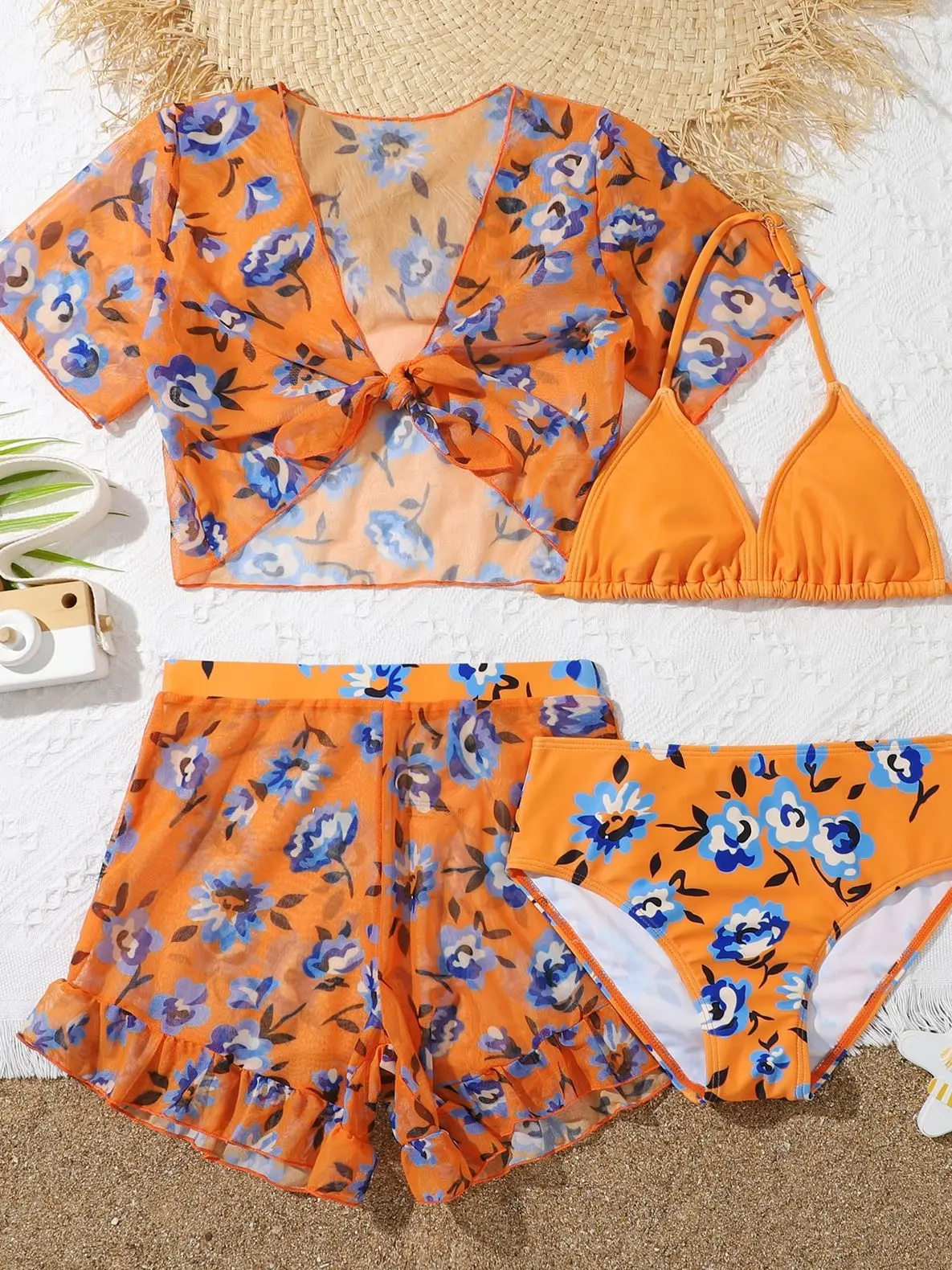 

Girls 4pack Floral Print Bikini with Ruffle Shorts High Waist Kids Swimsuit 7-12 Years Children's Swimwear 2024 Bathing Suit