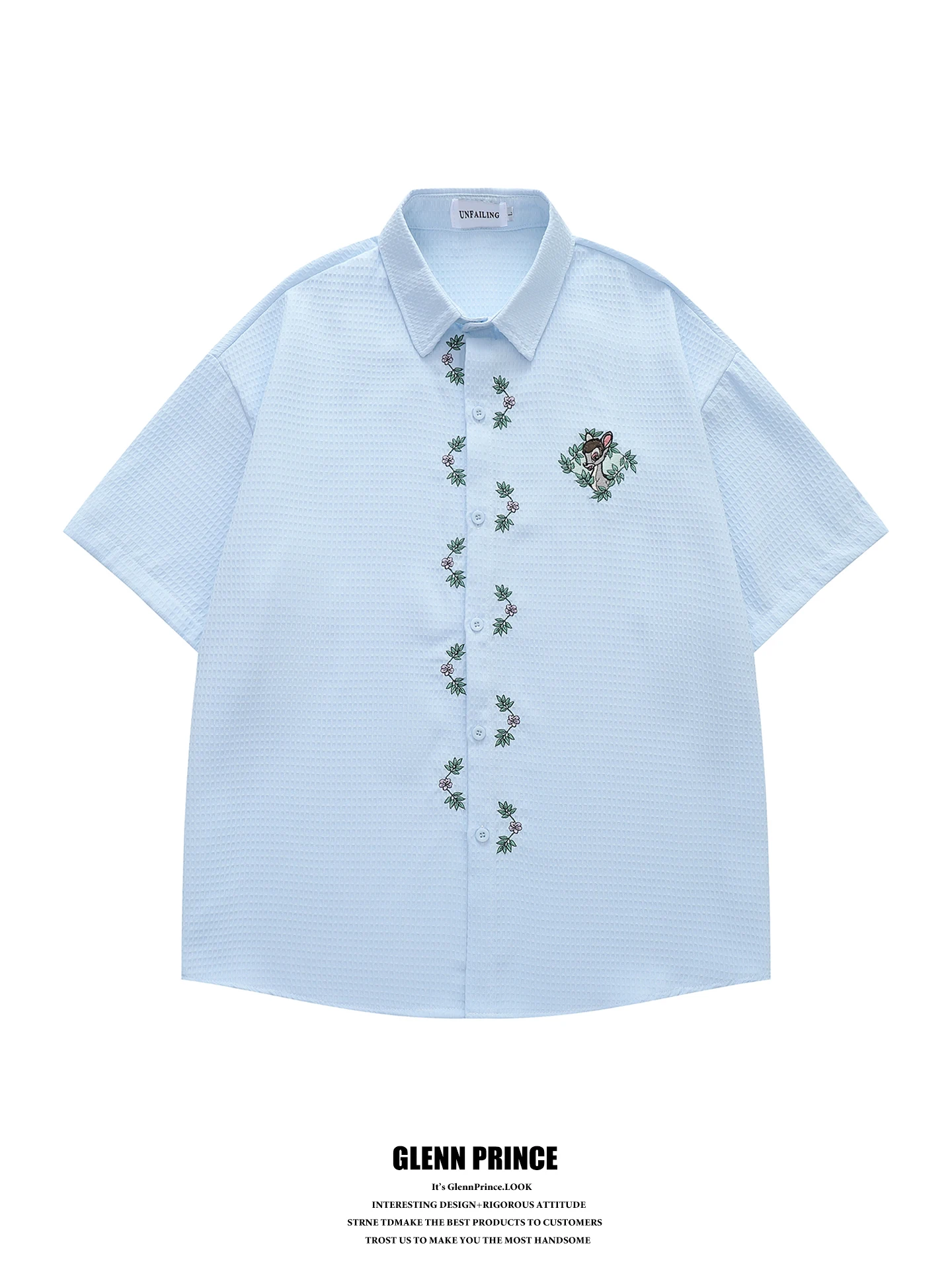 루즈핏 남성 반팔 셔츠 GPstudio 일본 레트로 사슴 자수 와플 패턴 컬리지 스타일 레이지 BF 셔츠 통기성 폴리에스터 섬유