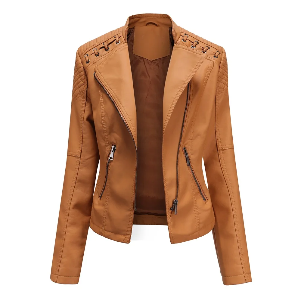 Spring Autumn Leather Jacket Women Slim Fit Motor Biker PU Leather Short Coat Stand Collar Ladies Zipper Outerwear 2024 New