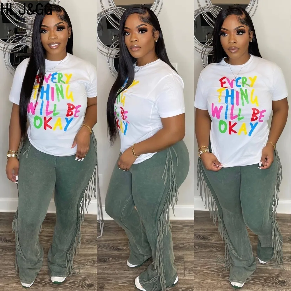 

HLJ&GG Summer Letter Printing Matching Tops Women Round Neck Short Sleeve Loose Tshirts Casual Female Matching Clothing 2023 New
