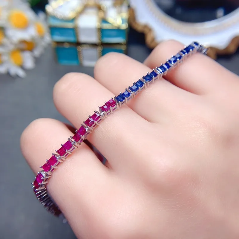 

100% Genuine Sri Lanka Sapphire and Natural Ruby Bracelet Wedding 3*4mm Natural Sapphire Bracelet 925 Silver Sapphire Jewelry