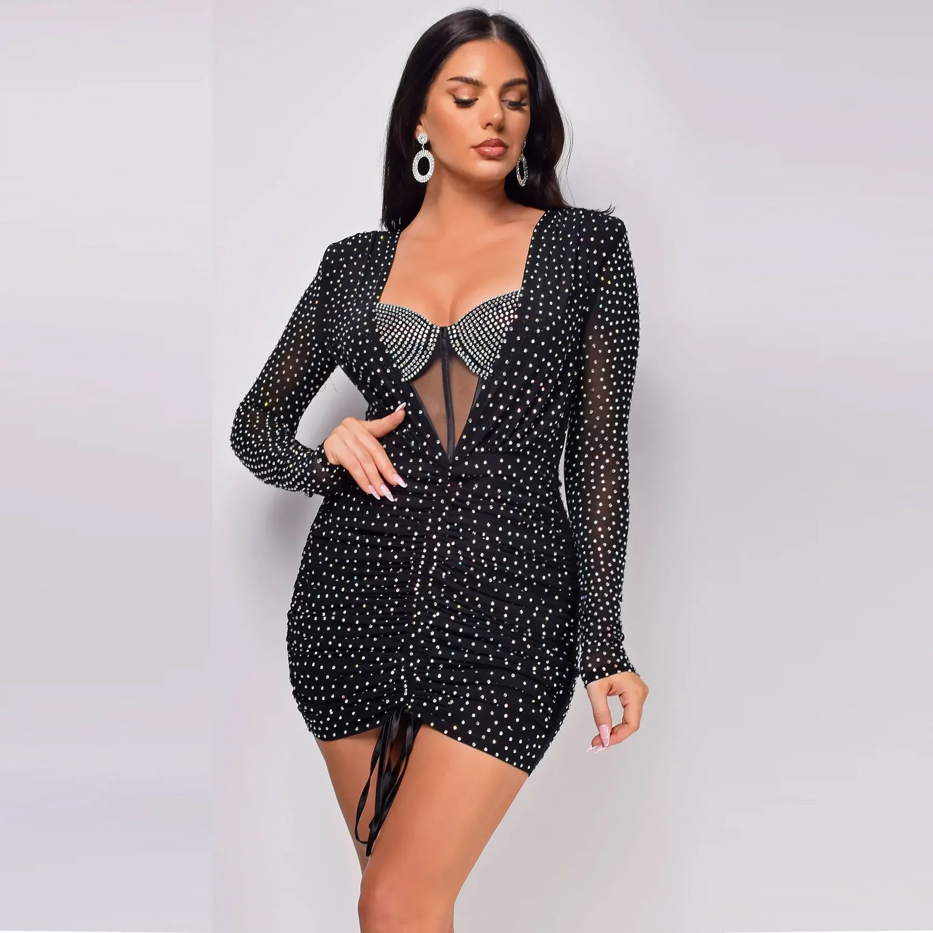 

Wishyear Sexy Diamonds Rhinestones Sweetheart Drawstring Ruched Bodycon Midi Mini Dress Women Sexy Birthday Party Prom Vestidos