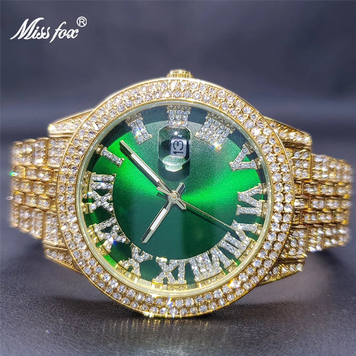 

New Large Women's Watch Geneva Oversized Bling Moissanite Watches Japanese Movement Waterproof Green Reloj de Colores Mujer