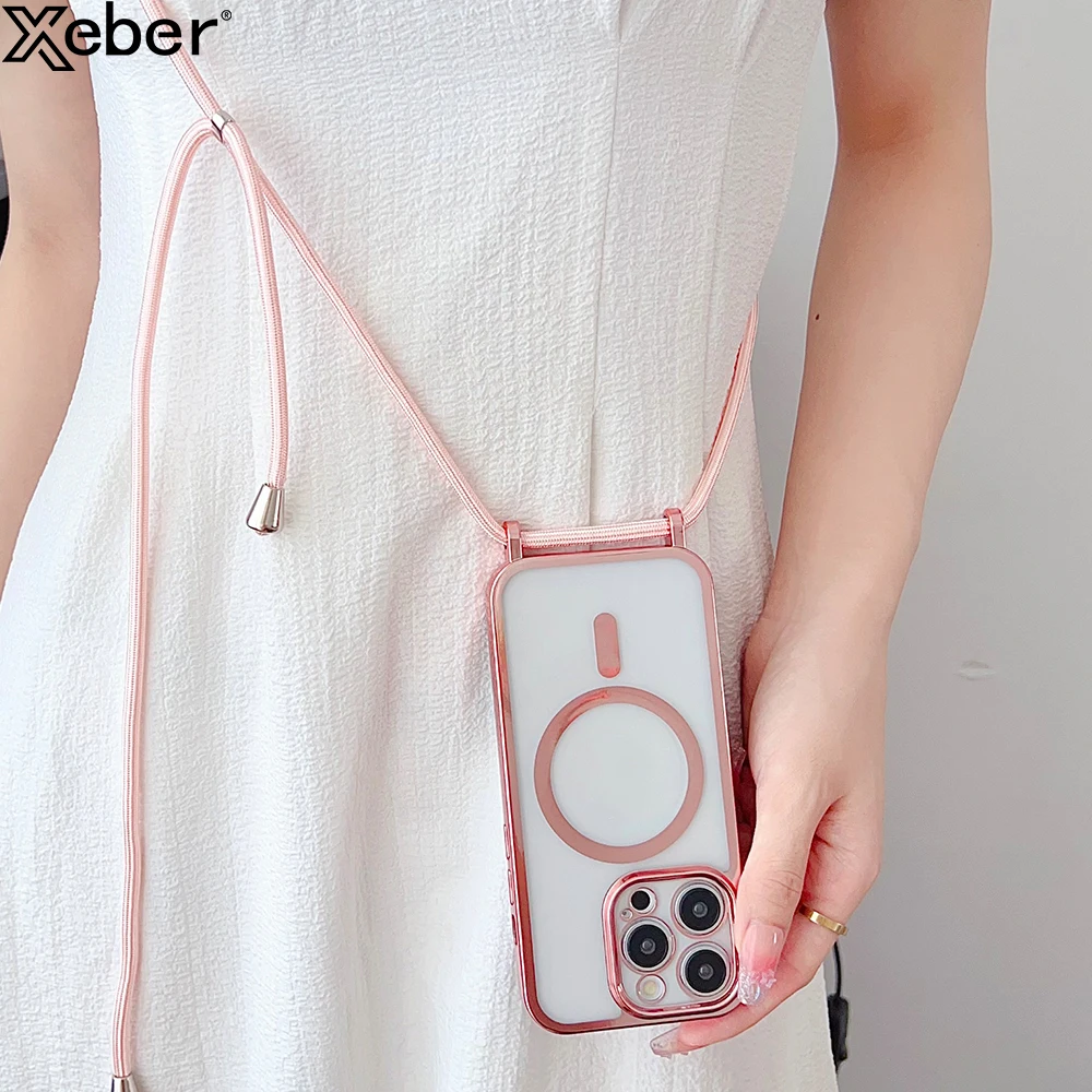 Elegant Magnetic Crossbody Lanyard with Plated Clear Wireless Charging Cover