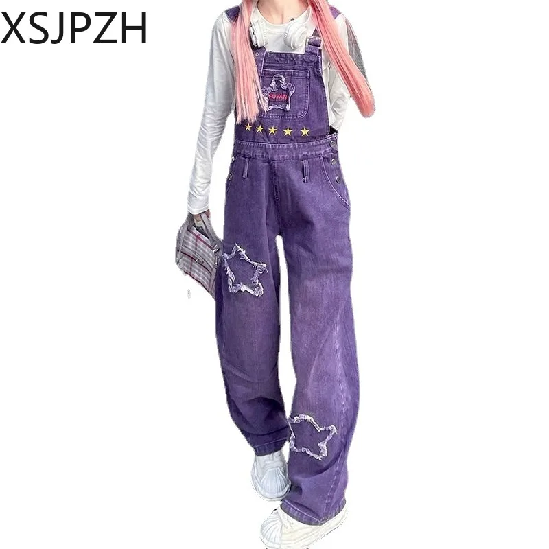 2023 New Korean Fashion Women Purple Overalls Denim Suspender Jumpsuit Long Pants Vintage Trousers Streetwear Clothing Wide Leg