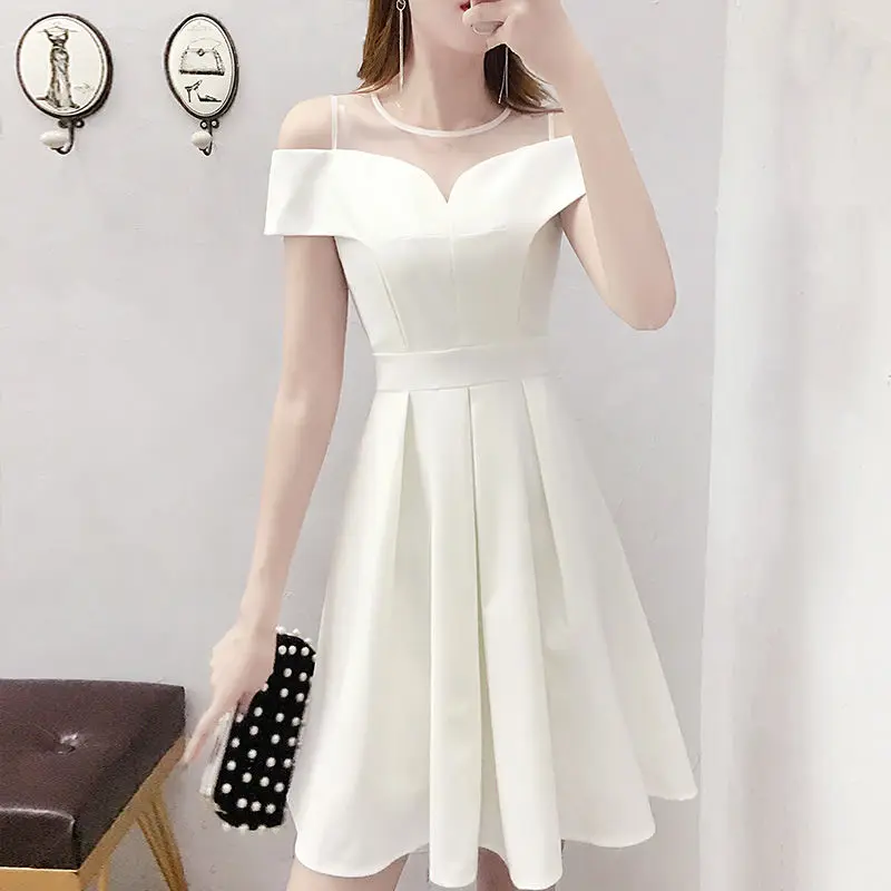 

French White Off Shoulder Gauze Women's Round Neck Dress Patchwork Folds Summer Slim Sweet Temperament A-line Mid Length Dresses