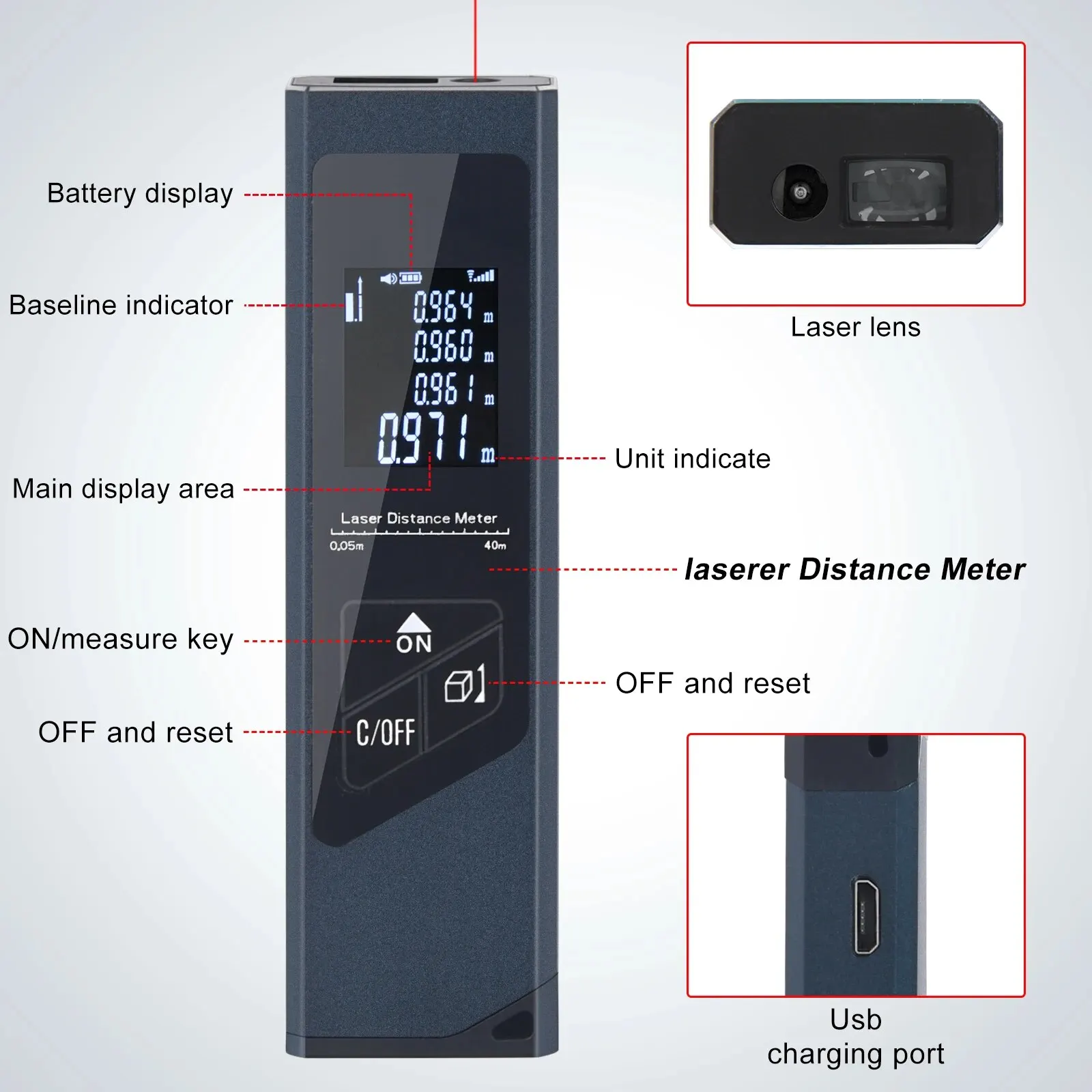 미니 레이저 거리 측정기 디지털 줄자 레이저 눈금자 USB 충전 알루미늄 합금 동체 휴대용 디지털 레이저 거리 측정기