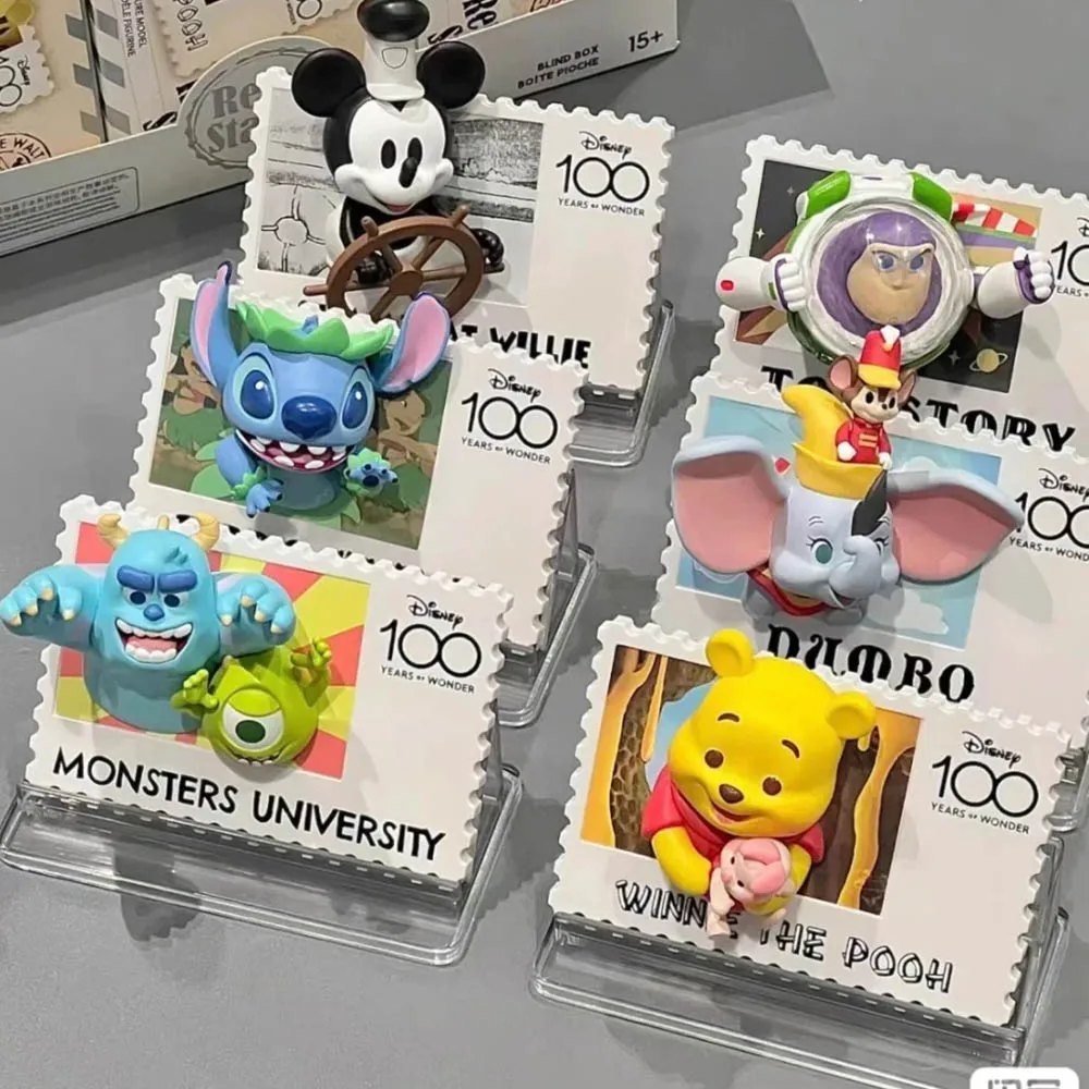 

Disney 100th Anniversary Retro Stamp Blind Box Mickey Mouse Stitch Pooh Action Figure Refrigerator Sticker Home Decor Kid Gift